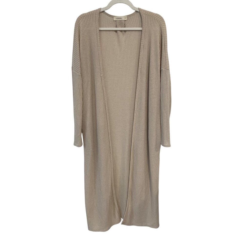 Rokoko Cardigan Duster Size Medium Waffle Knit Open Front Long Sleeve Beige Tan